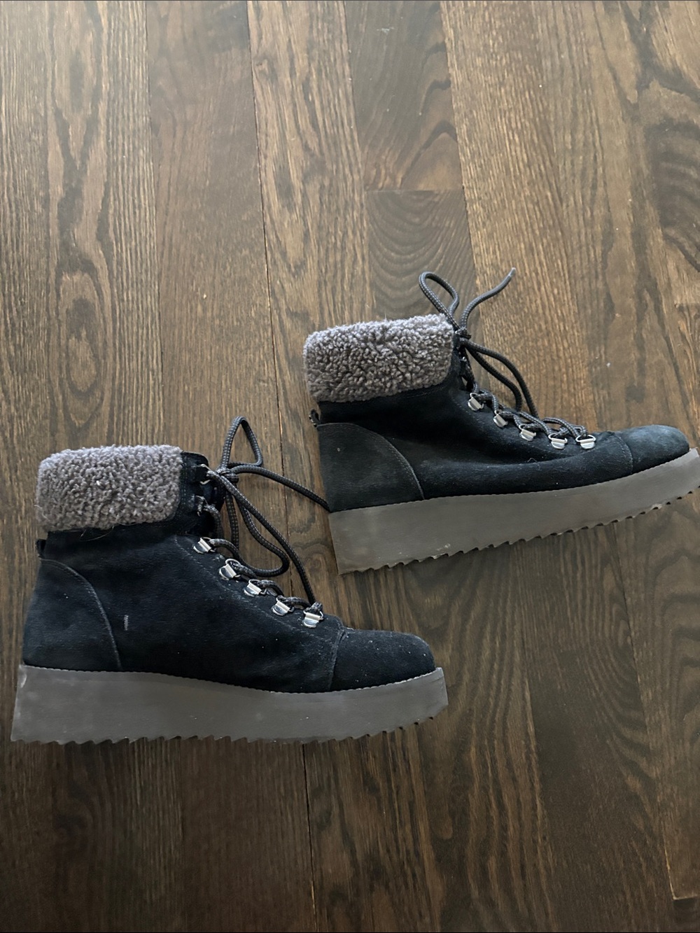 Sam Edelman Black Suede Faux-Sherpa Lace-Up Ankle Boots